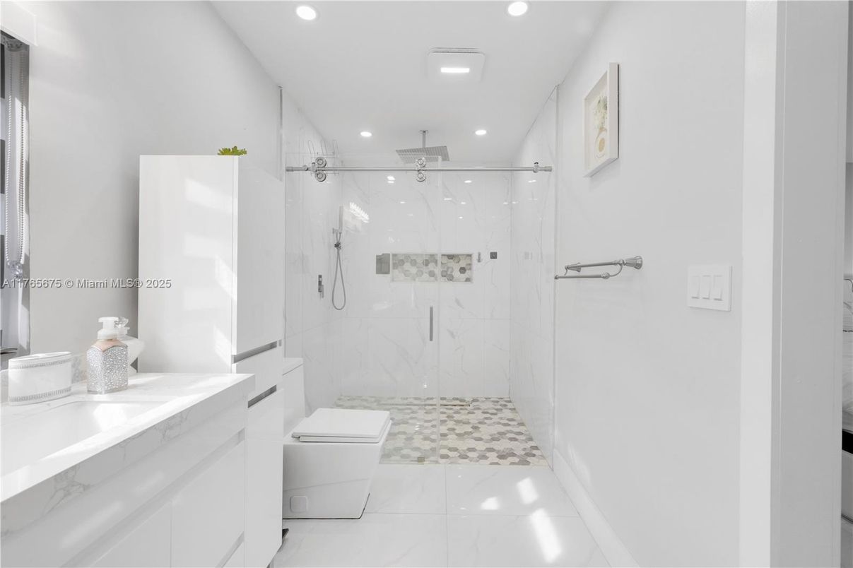 Bathroom, Glass Shower, Interior, Marble Walls, Recessed Lighting