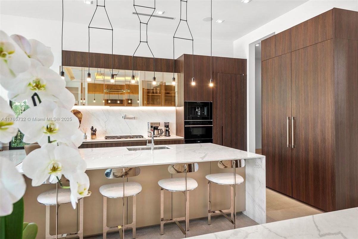 Interior, Kitchen, Marble, Pendant Lights, Recessed Lighting, Stainless Steel Appliances