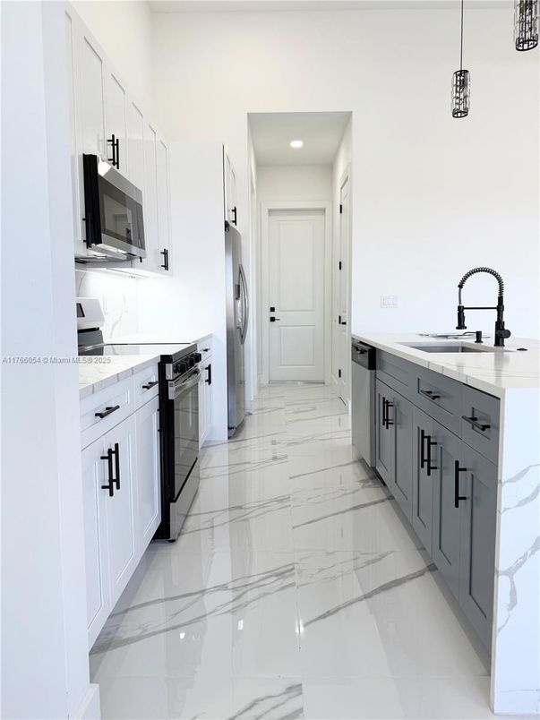 Interior, Kitchen, Marble, Pendant Lights, Recessed Lighting, Stainless Steel Appliances
