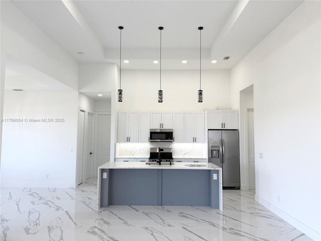 Interior, Kitchen, Marble, Pendant Lights, Recessed Lighting, Stainless Steel Appliances