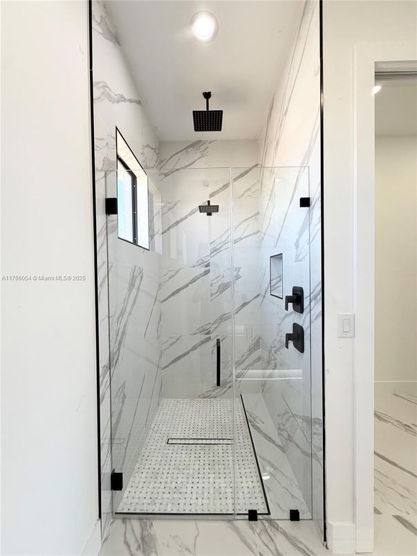 Bathroom, Glass Shower, Interior, Marble, Marble Walls, Recessed Lighting