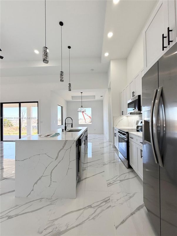 Interior, Kitchen, Marble, Pendant Lights, Recessed Lighting, Stainless Steel Appliances