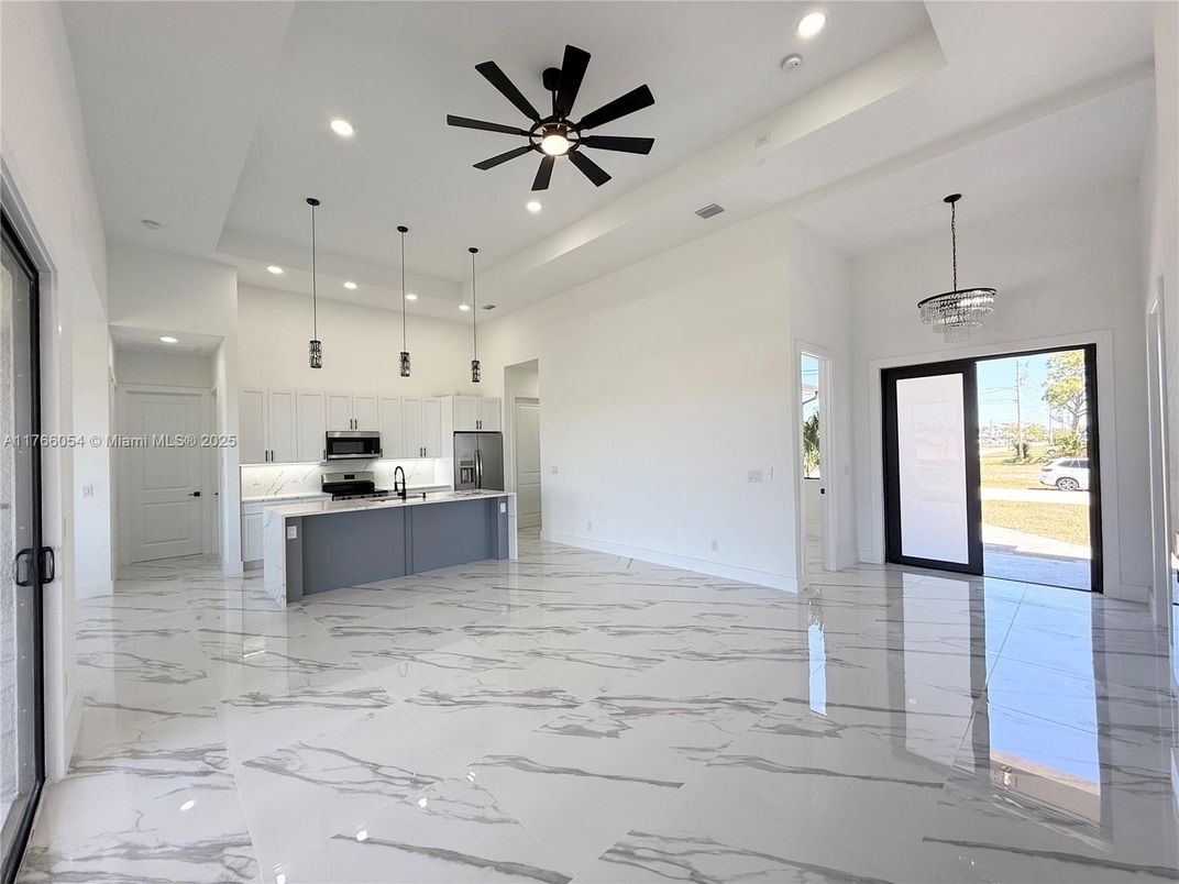Interior, Kitchen, Marble, Pendant Lights, Recessed Lighting, Stainless Steel Appliances