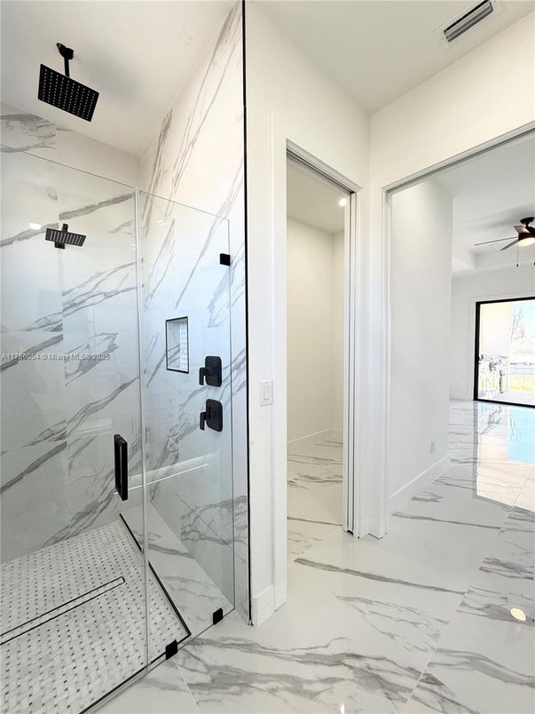 Bathroom, Glass Shower, Interior, Marble, Marble Walls, Recessed Lighting