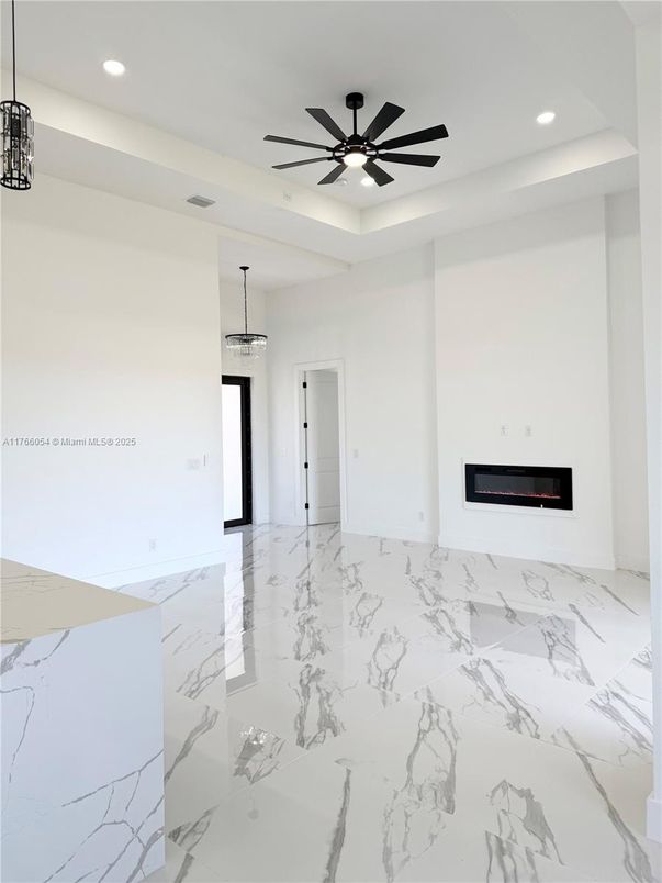 Empty room, Fireplace, Interior, Marble, Pendant Lights, Recessed Lighting
