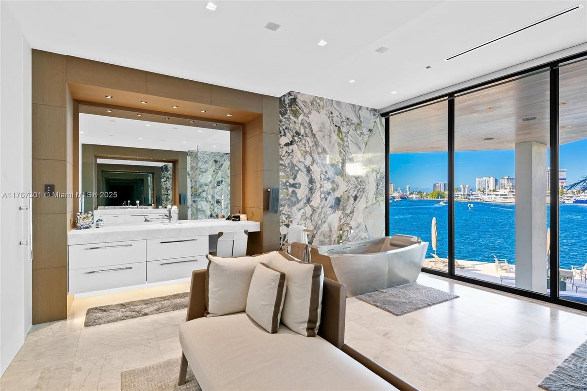 Bathroom, Dual Sink Vanities, Free Standing Baths, Interior, Marble, Marble Walls, Recessed Lighting, Water