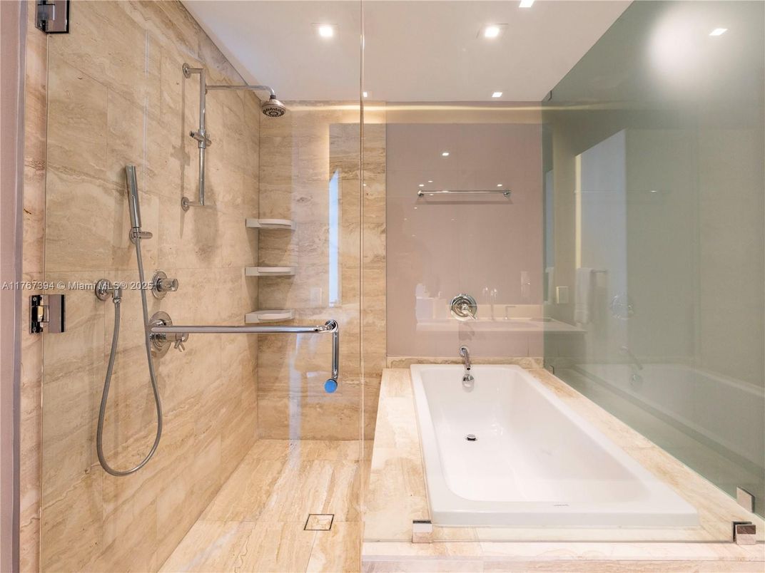 Bathroom, Glass Shower, Interior, Recessed Lighting, Wood Texture Flooring