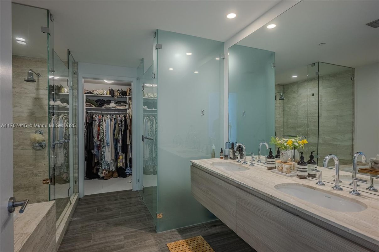 Bathroom, Dual Sink Vanities, Glass Shower, Interior, Recessed Lighting, Walk-in Closets, Wood Texture Flooring
