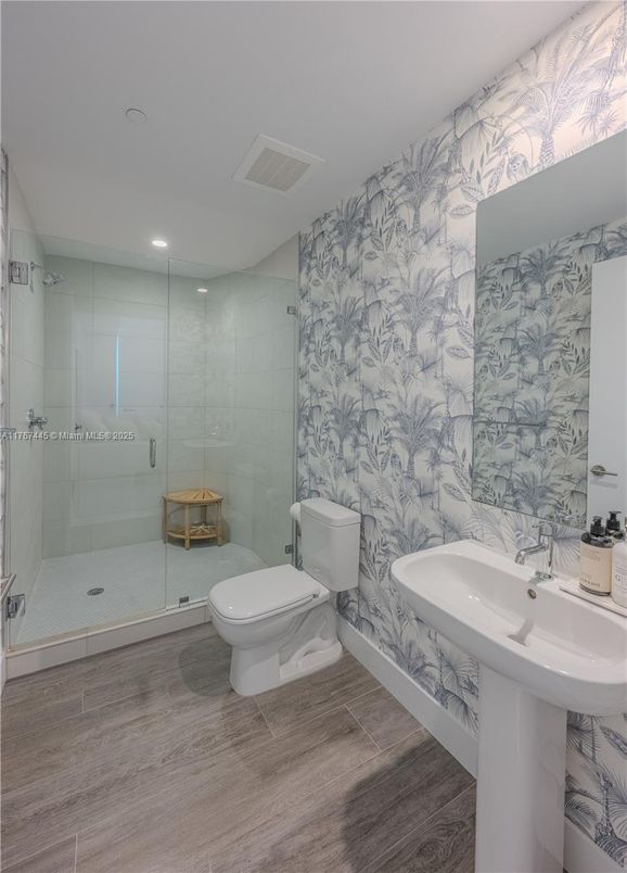 Bathroom, Glass Shower, Interior, Recessed Lighting, Wood Texture Flooring
