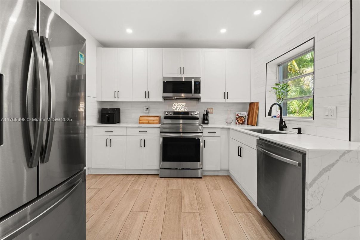 Interior, Kitchen, Recessed Lighting, Stainless Steel Appliances, Wood Texture Flooring