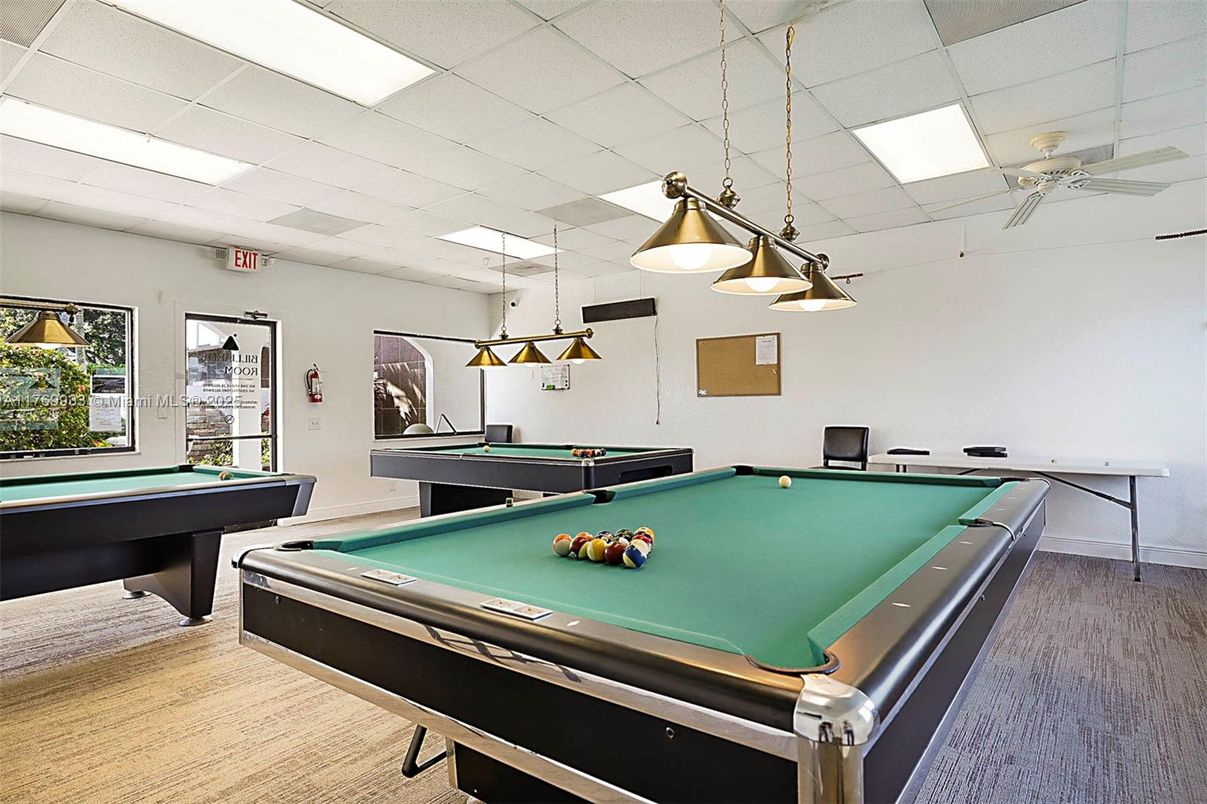 Billiard Table, Game Room, Interior, Pendant Lights, Wood Texture Flooring
