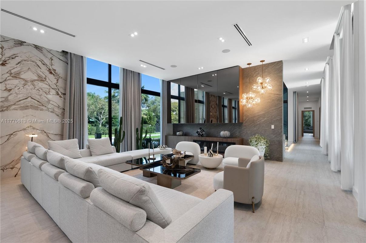 Interior, Living room, Marble Walls, Pendant Lights, Recessed Lighting