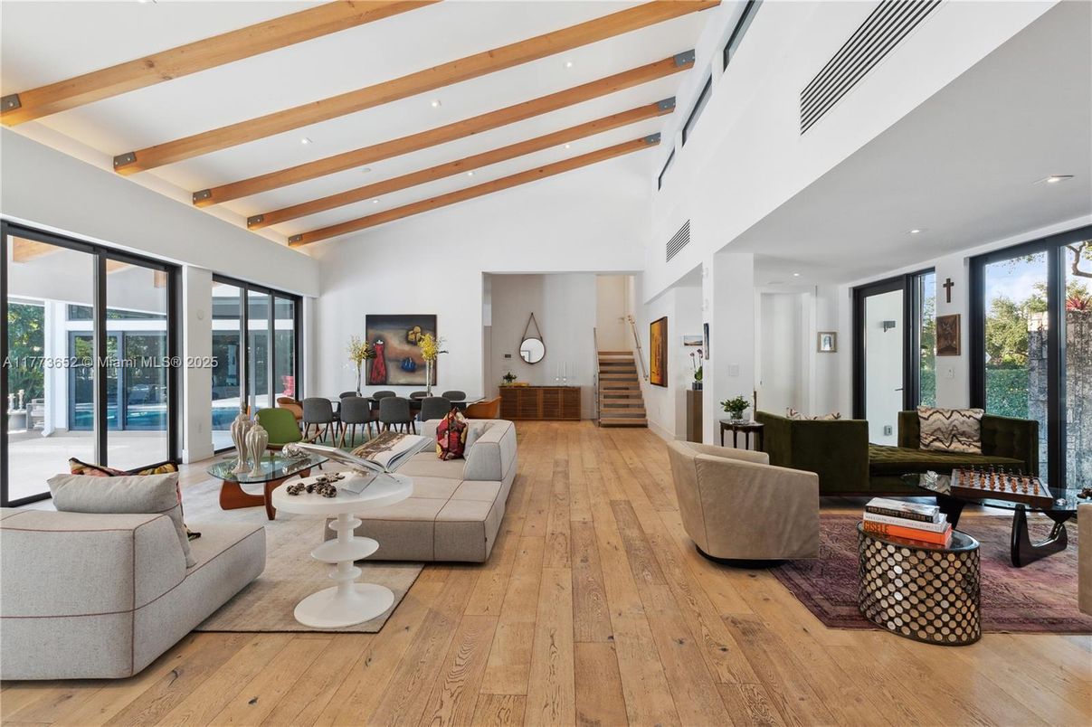 Dining room, Interior, Living room, Recessed Lighting, Wooden Beams, Wood Texture Flooring
