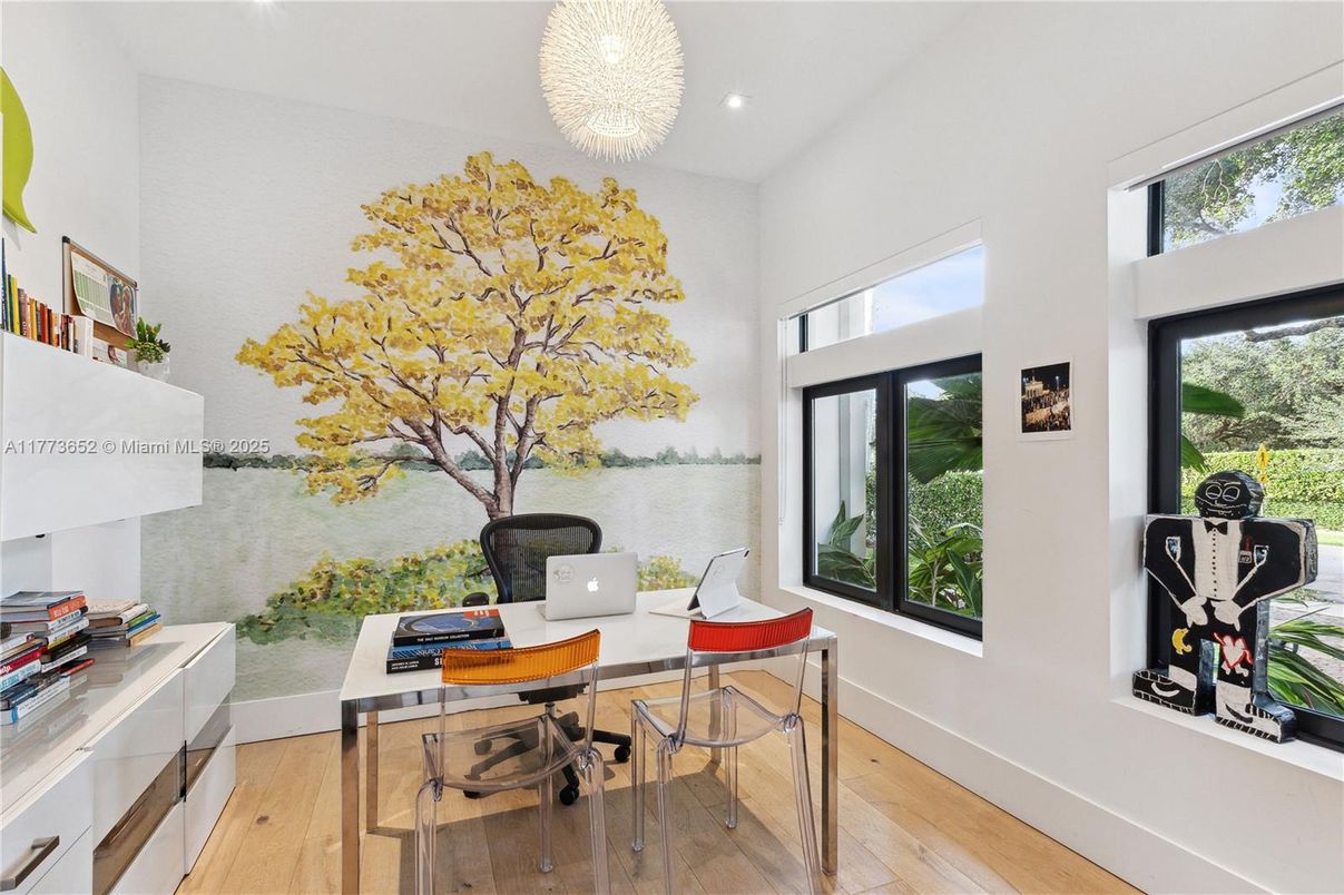 Chandelier, Home Office, Interior, Recessed Lighting, Wood Texture Flooring
