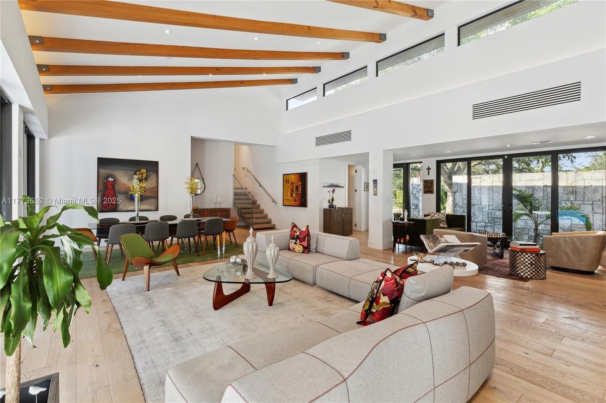 Dining room, Interior, Living room, Recessed Lighting, Wooden Beams, Wood Texture Flooring