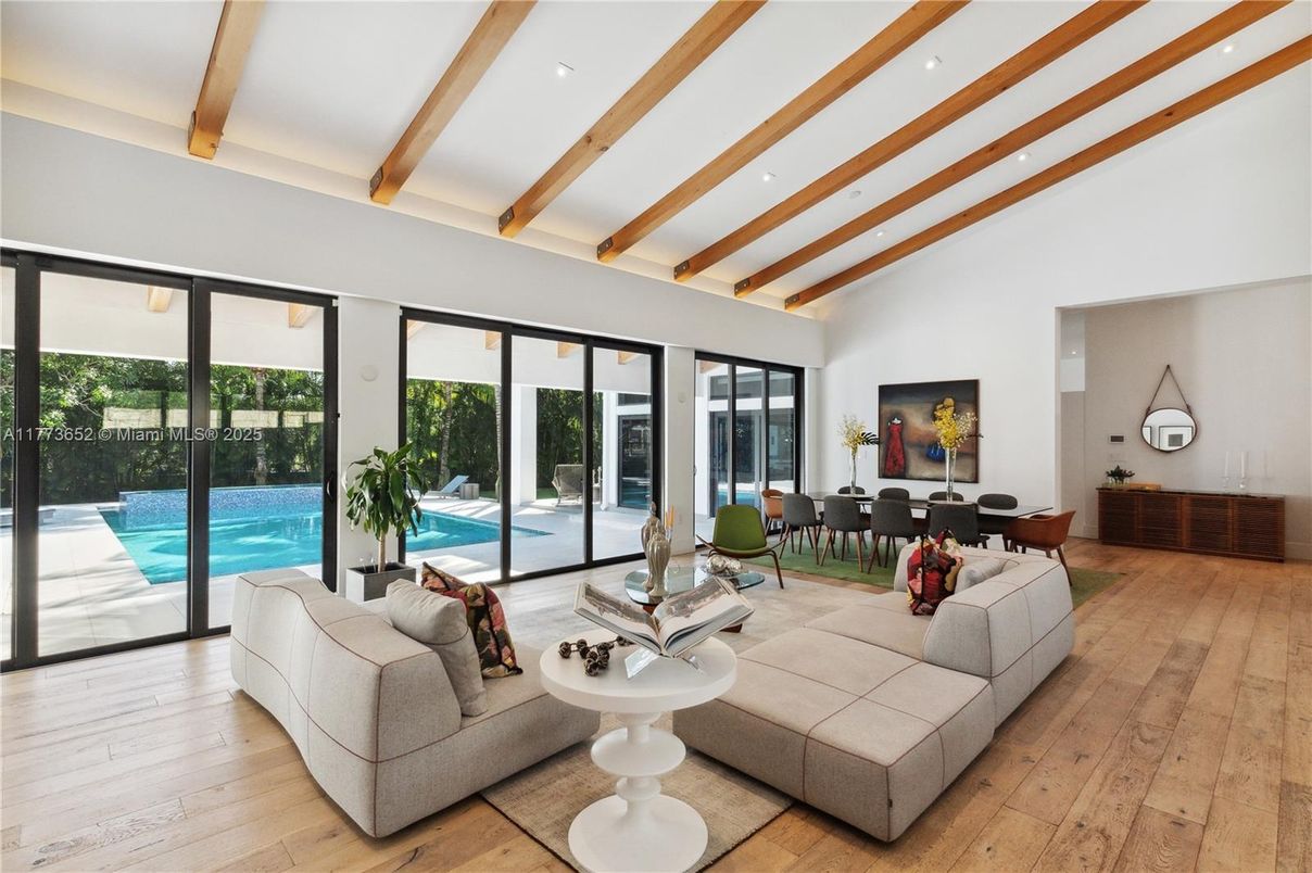 Dining room, Interior, Living room, Recessed Lighting, Wooden Beams, Wood Texture Flooring