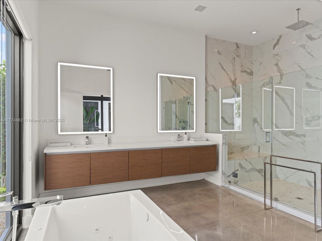 Bathroom, Dual Sink Vanities, Glass Shower, Interior, Marble Walls, Recessed Lighting