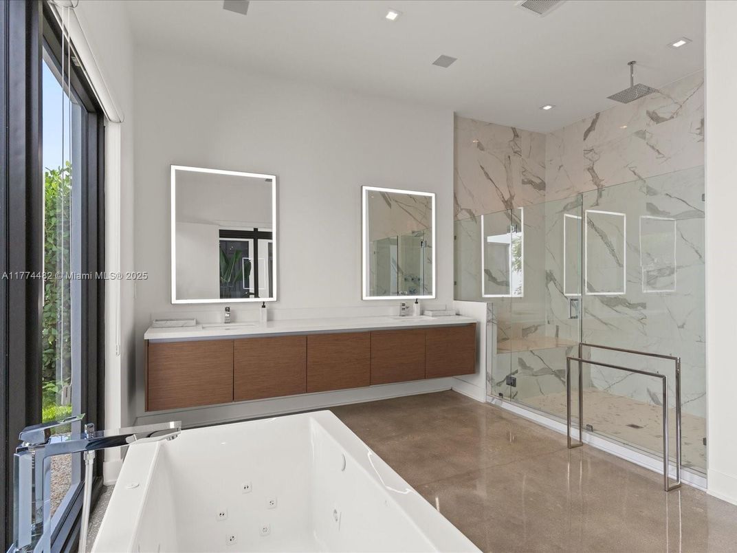 Bathroom, Dual Sink Vanities, Glass Shower, Interior, Marble Walls, Recessed Lighting