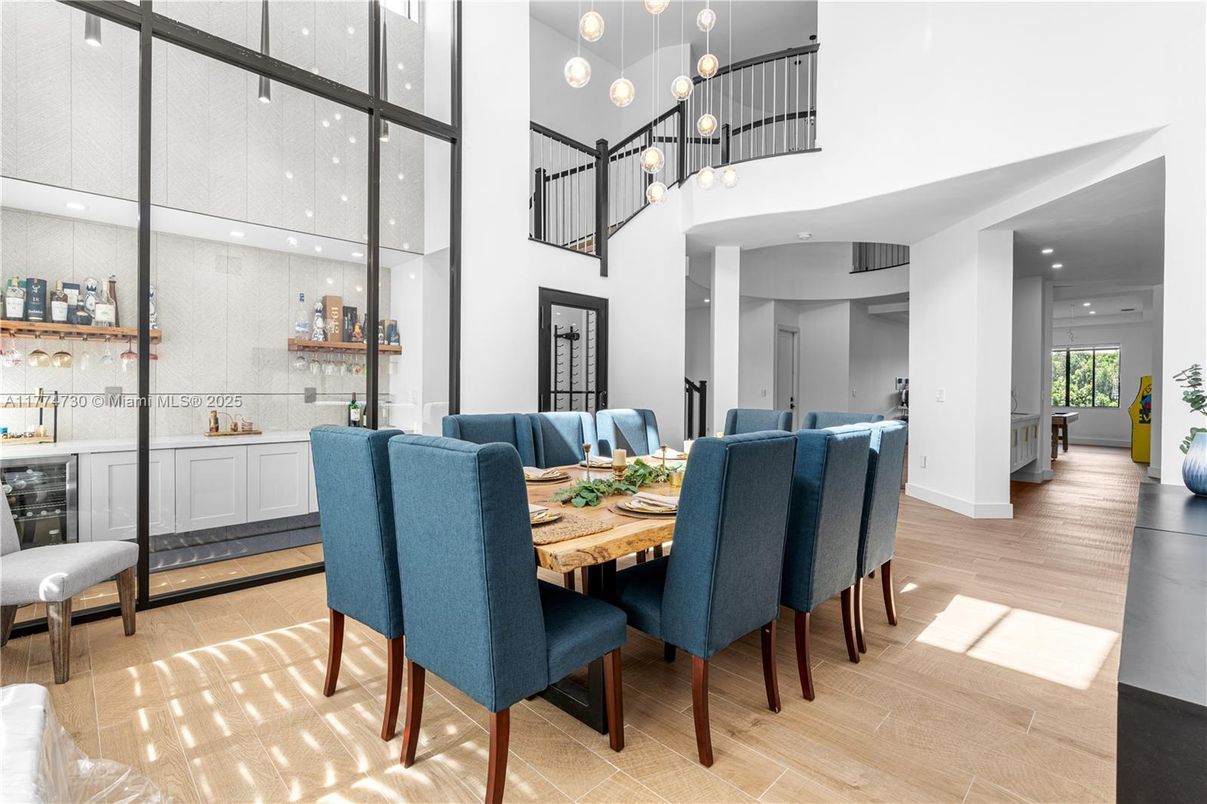 Dining room, Interior, Pendant Lights, Recessed Lighting, Wood Texture Flooring