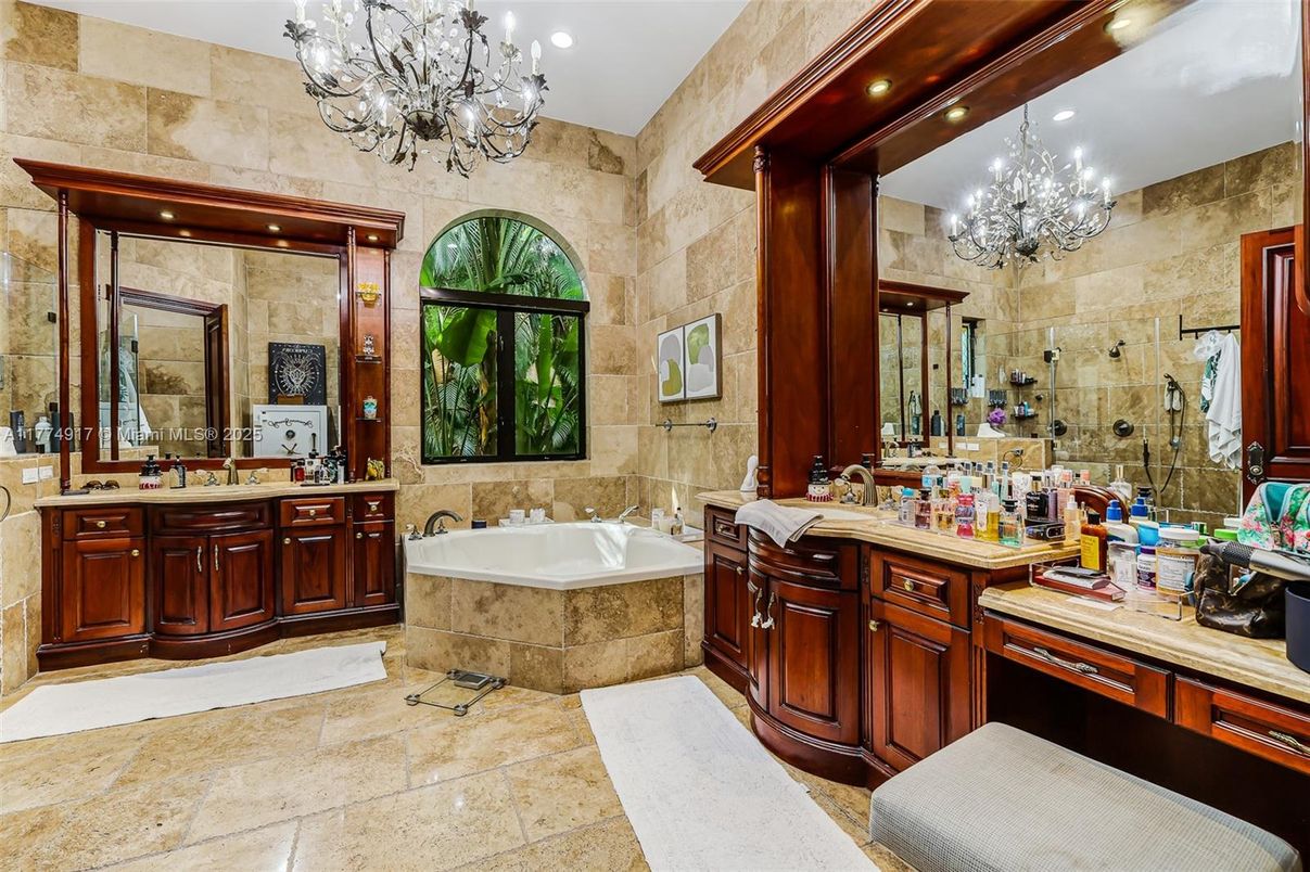 Bathroom, Chandelier, Dual Sink Vanities, Interior, Recessed Lighting