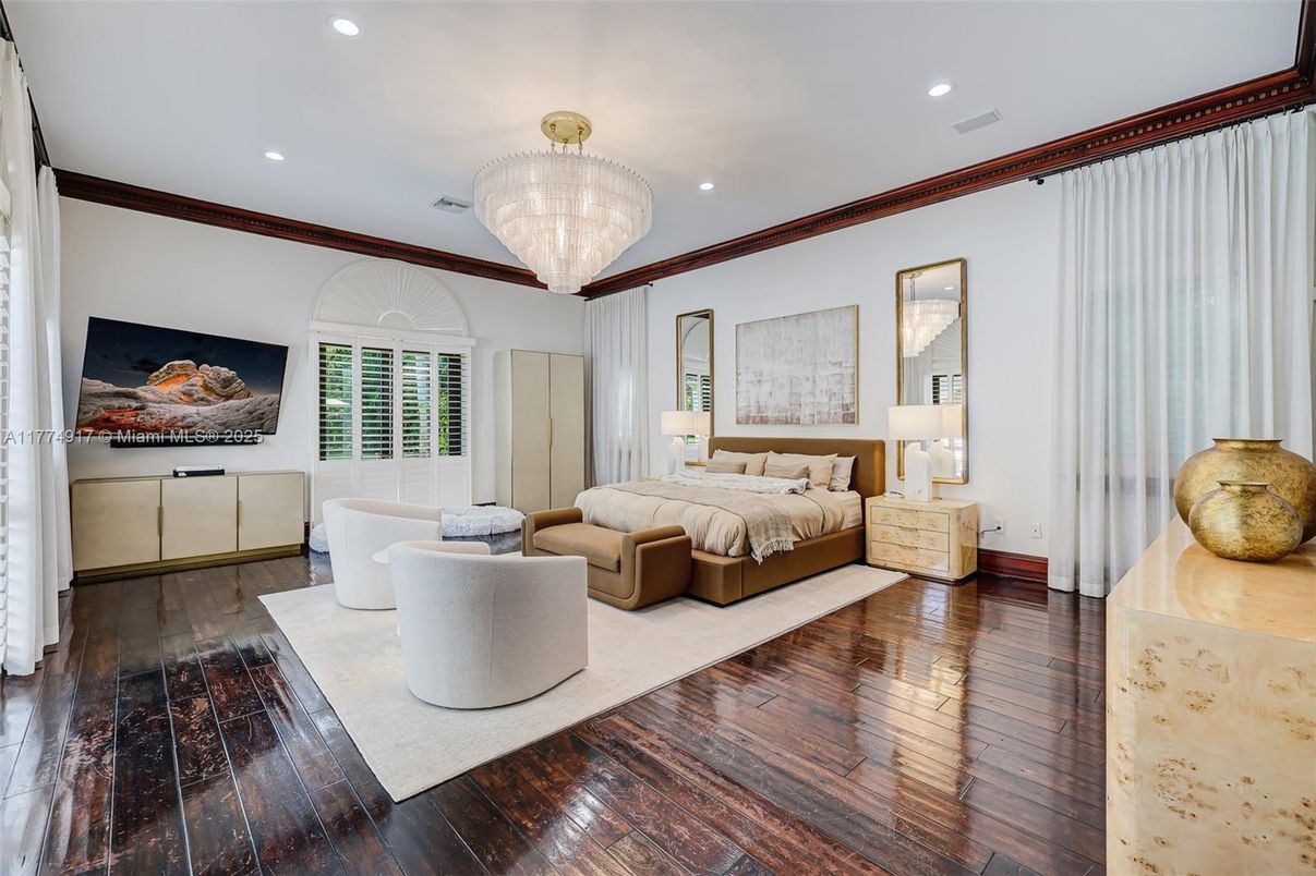 Bedroom, Chandelier, Interior, Recessed Lighting, Wood Texture Flooring