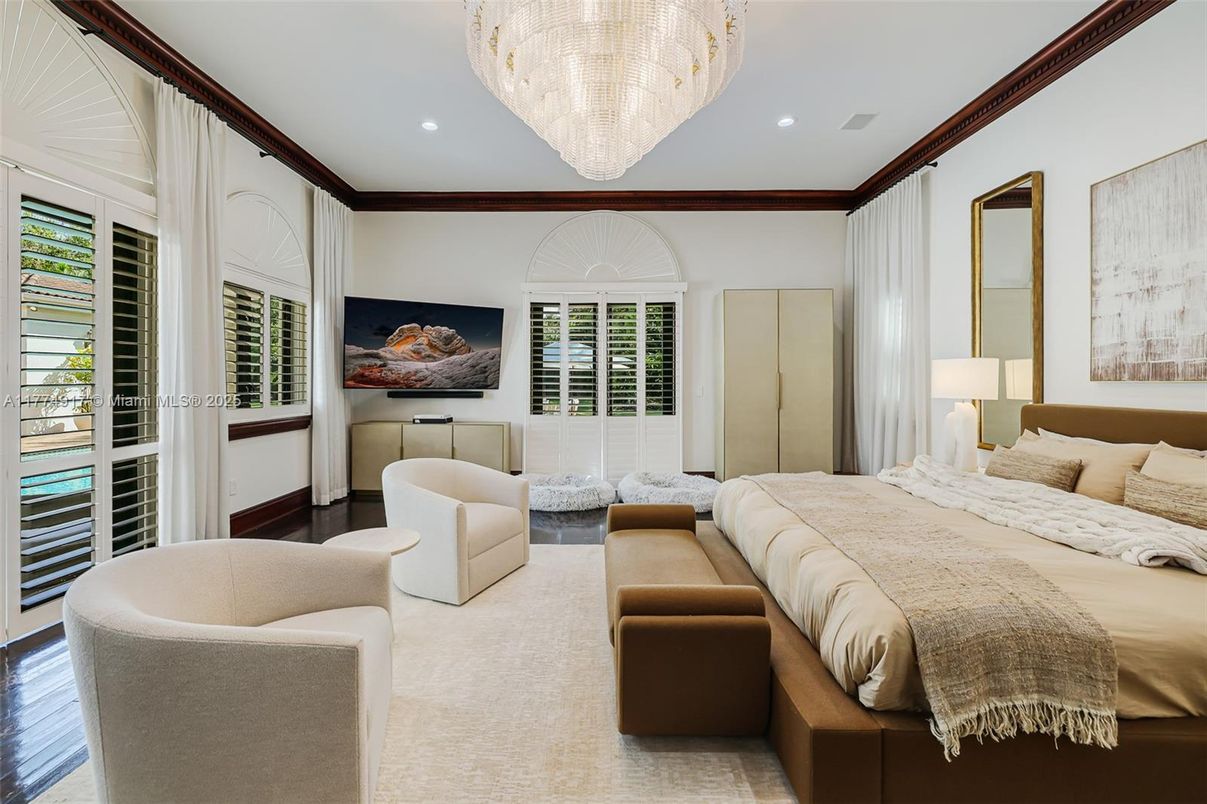Bedroom, Chandelier, Interior, Recessed Lighting, Wood Texture Flooring