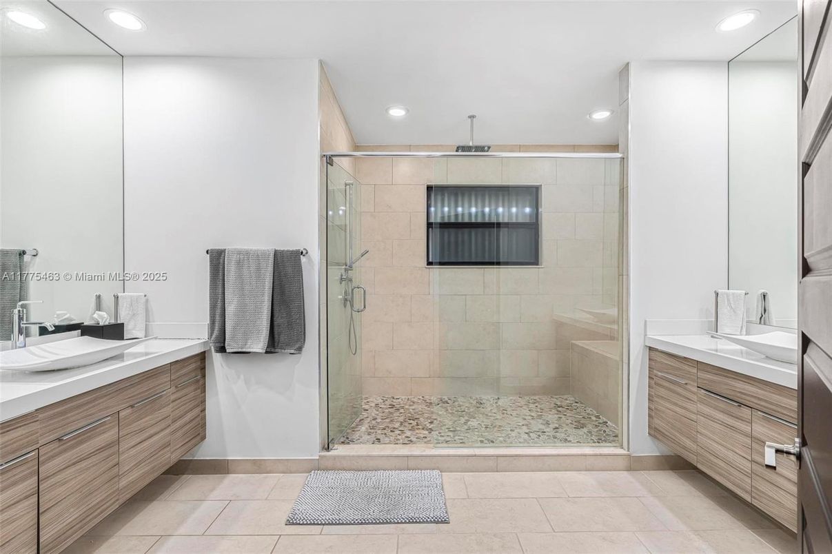 Bathroom, Dual Sink Vanities, Glass Shower, Interior, Recessed Lighting