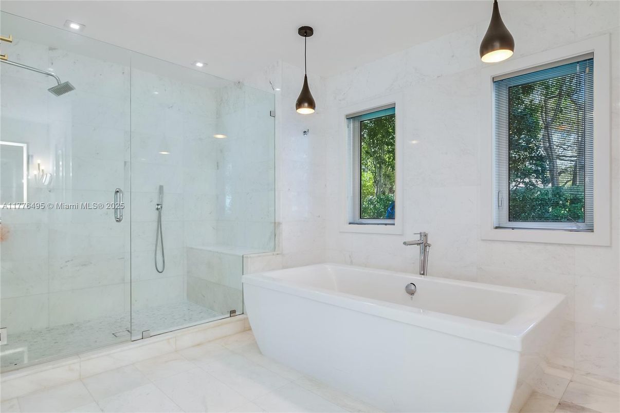 Bathroom, Free Standing Baths, Glass Shower, Interior, Marble Walls, Pendant Lights, Recessed Lighting