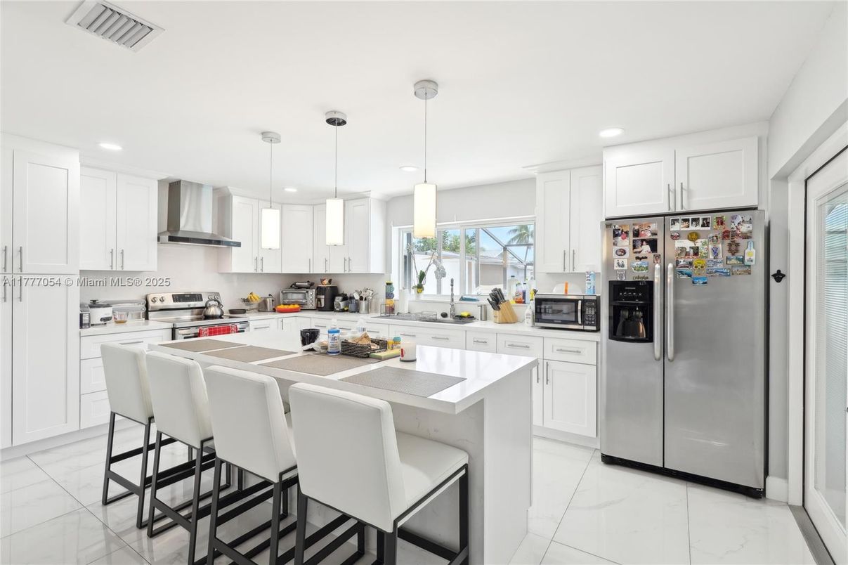 Interior, Kitchen, Marble, Pendant Lights, Recessed Lighting, Stainless Steel Appliances