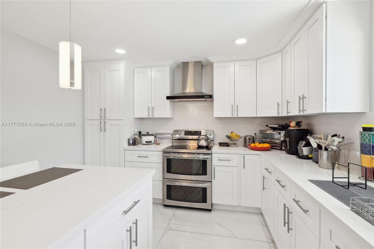 Interior, Kitchen, Marble, Pendant Lights, Recessed Lighting, Stainless Steel Appliances