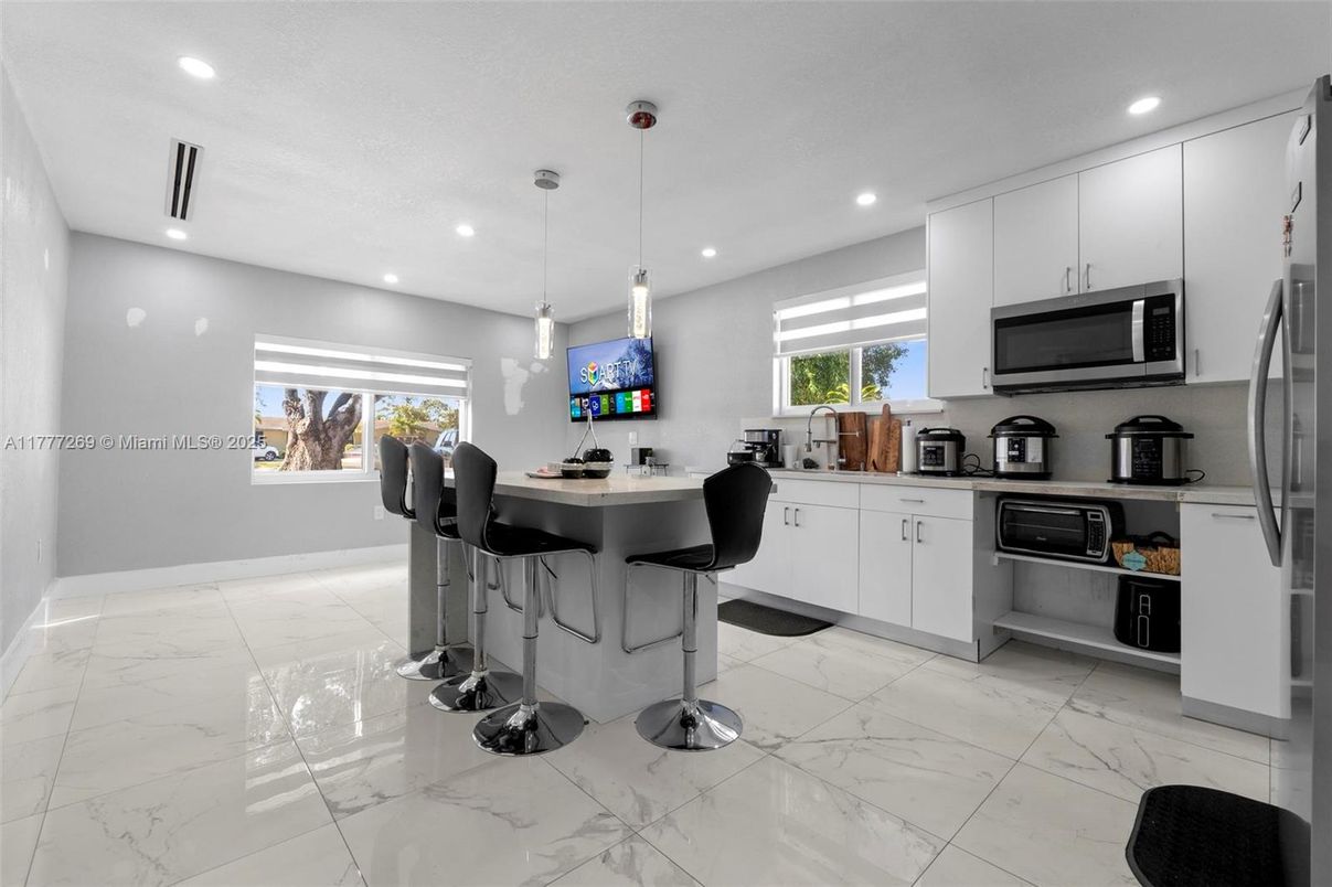 Interior, Kitchen, Marble, Pendant Lights, Recessed Lighting, Stainless Steel Appliances