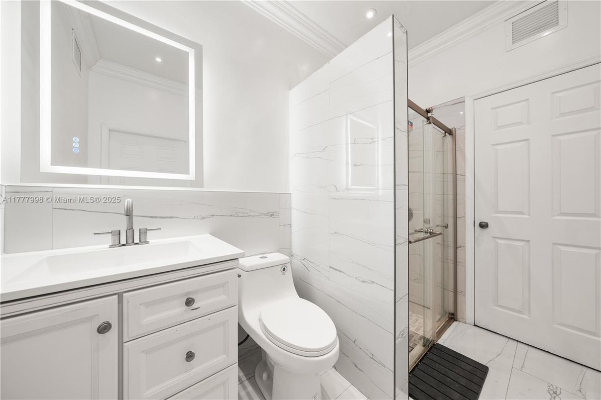 Bathroom, Glass Shower, Interior, Marble, Marble Walls, Recessed Lighting