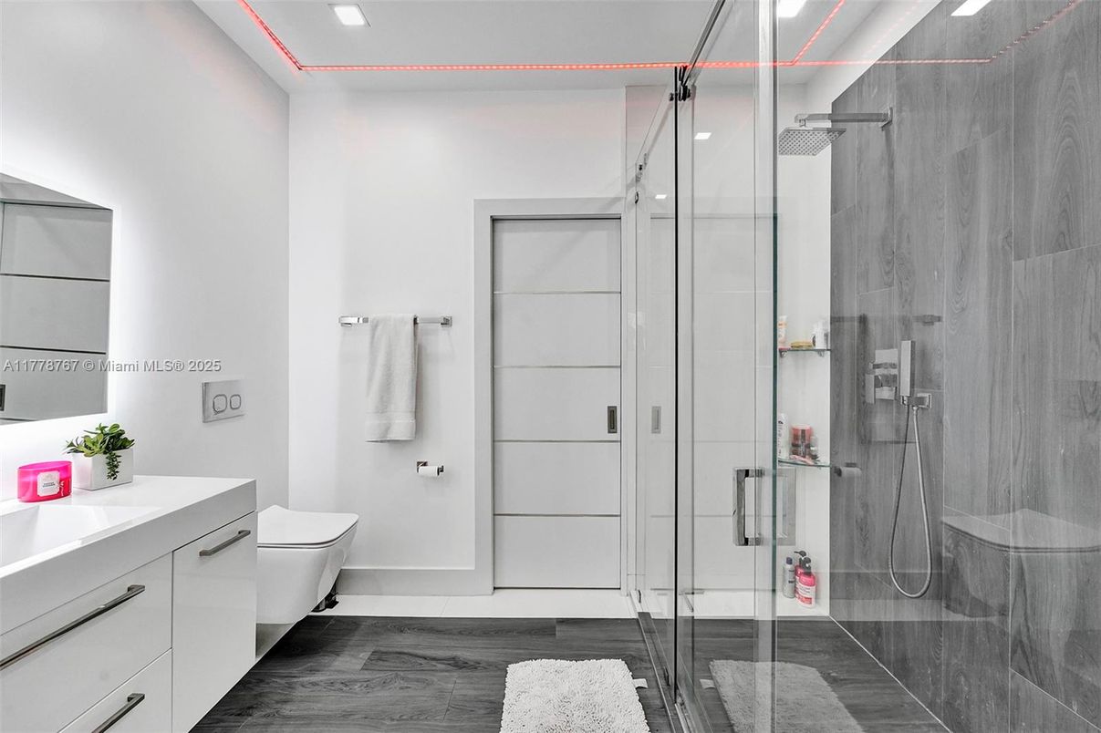 Bathroom, Glass Shower, Interior, Recessed Lighting, Wood Texture Flooring