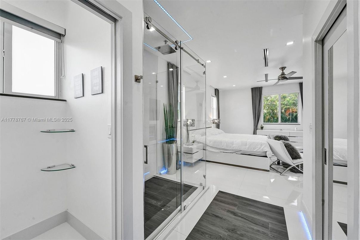 Bathroom, Bedroom, Glass Shower, Interior, Recessed Lighting, Wood Texture Flooring
