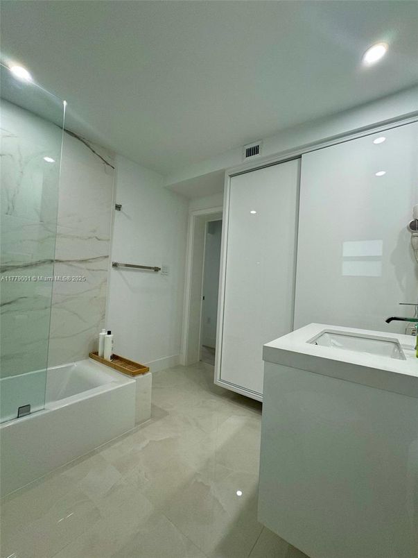 Bathroom, Glass Shower, Interior, Marble Walls, Recessed Lighting