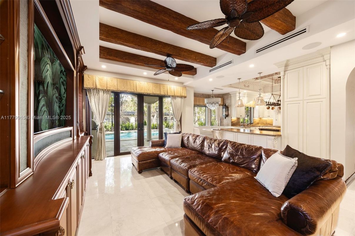 Interior, Kitchen, Living room, Marble, Pendant Lights, Recessed Lighting, Wooden Beams