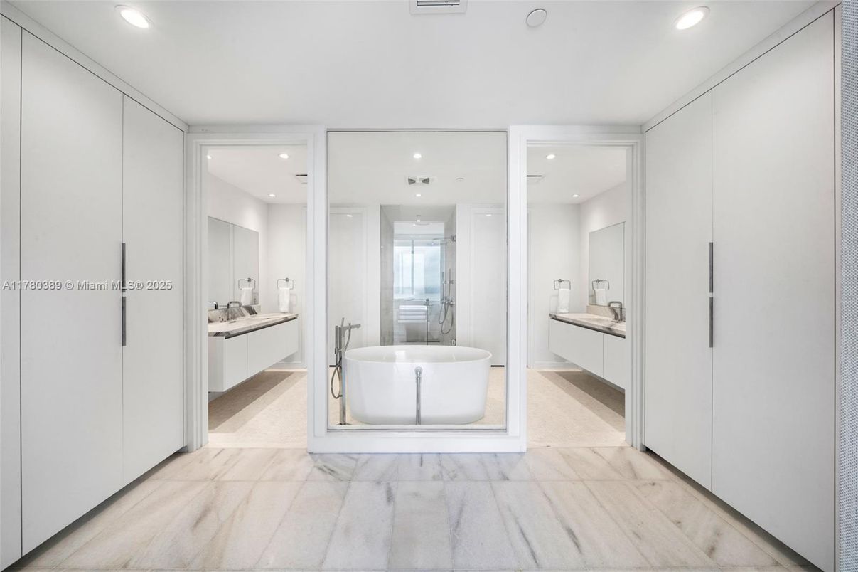 Bathroom, Dual Sink Vanities, Free Standing Baths, Interior, Marble, Recessed Lighting