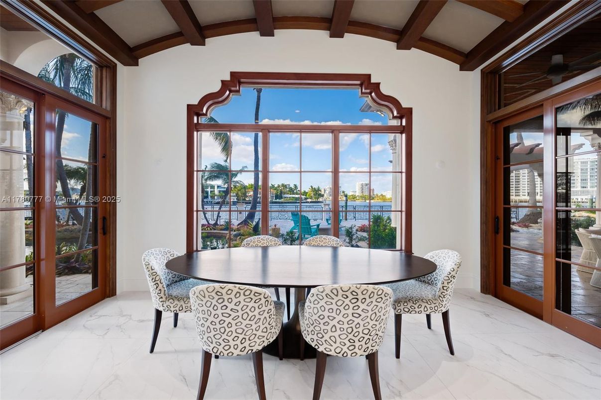 Dining room, Interior, Marble, Water, Wooden Beams