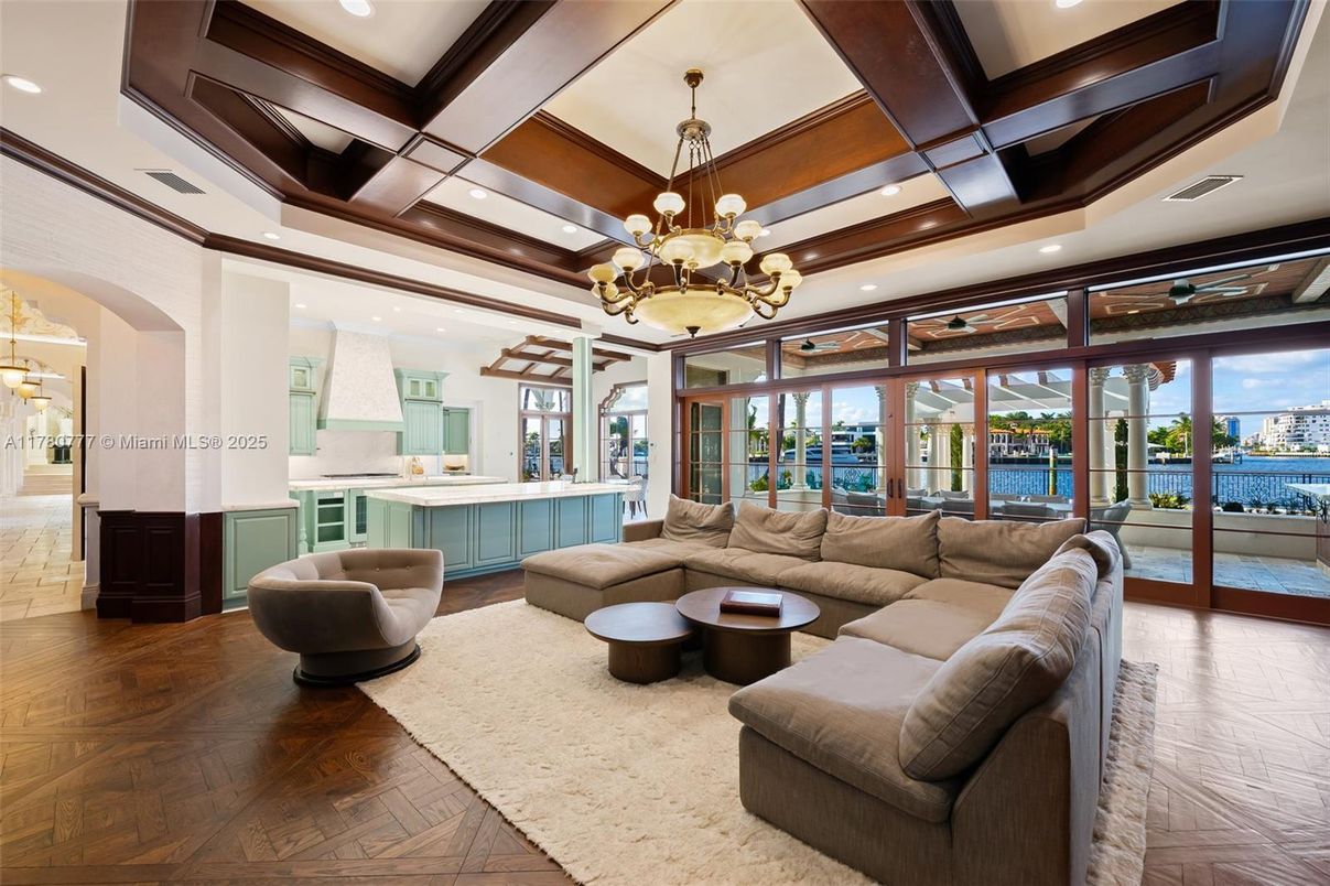 Chandelier, Interior, Living room, Recessed Lighting, Wooden Beams, Wood Texture Flooring