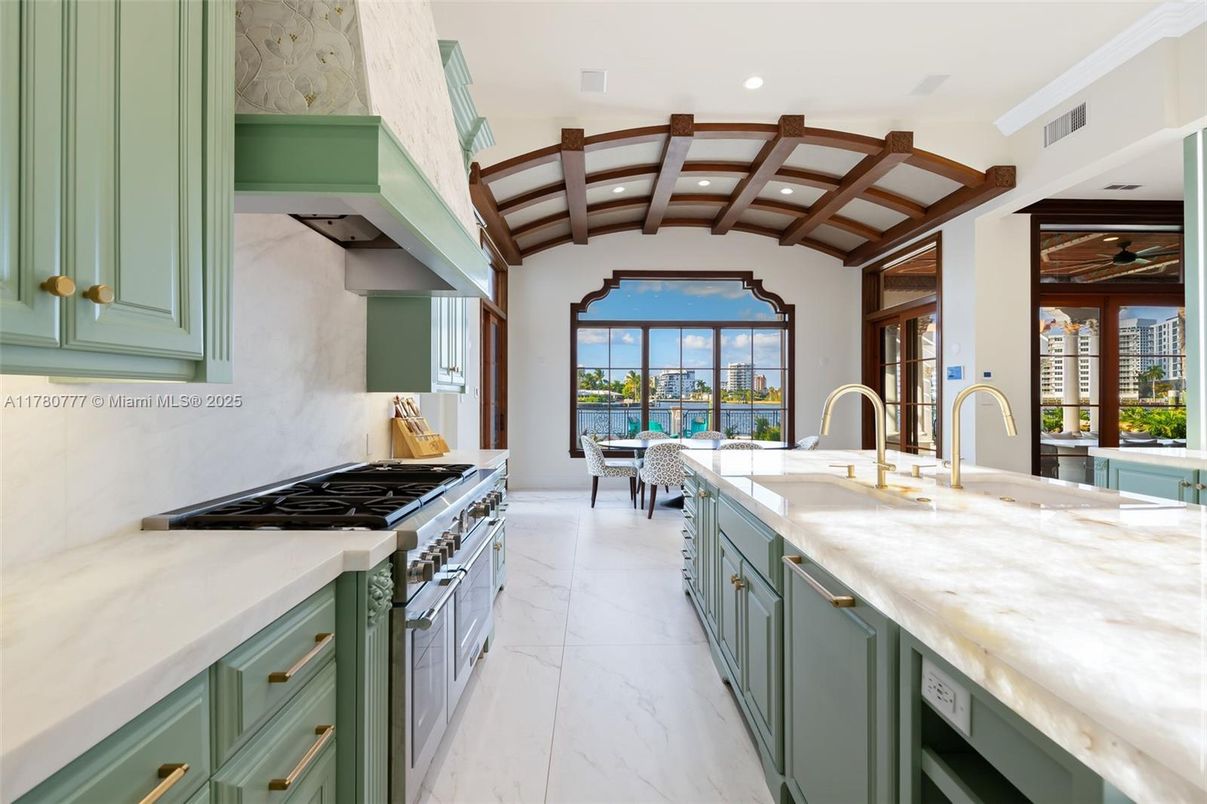 Dining room, Interior, Kitchen, Marble, Recessed Lighting, Stainless Steel Appliances, Wooden Beams