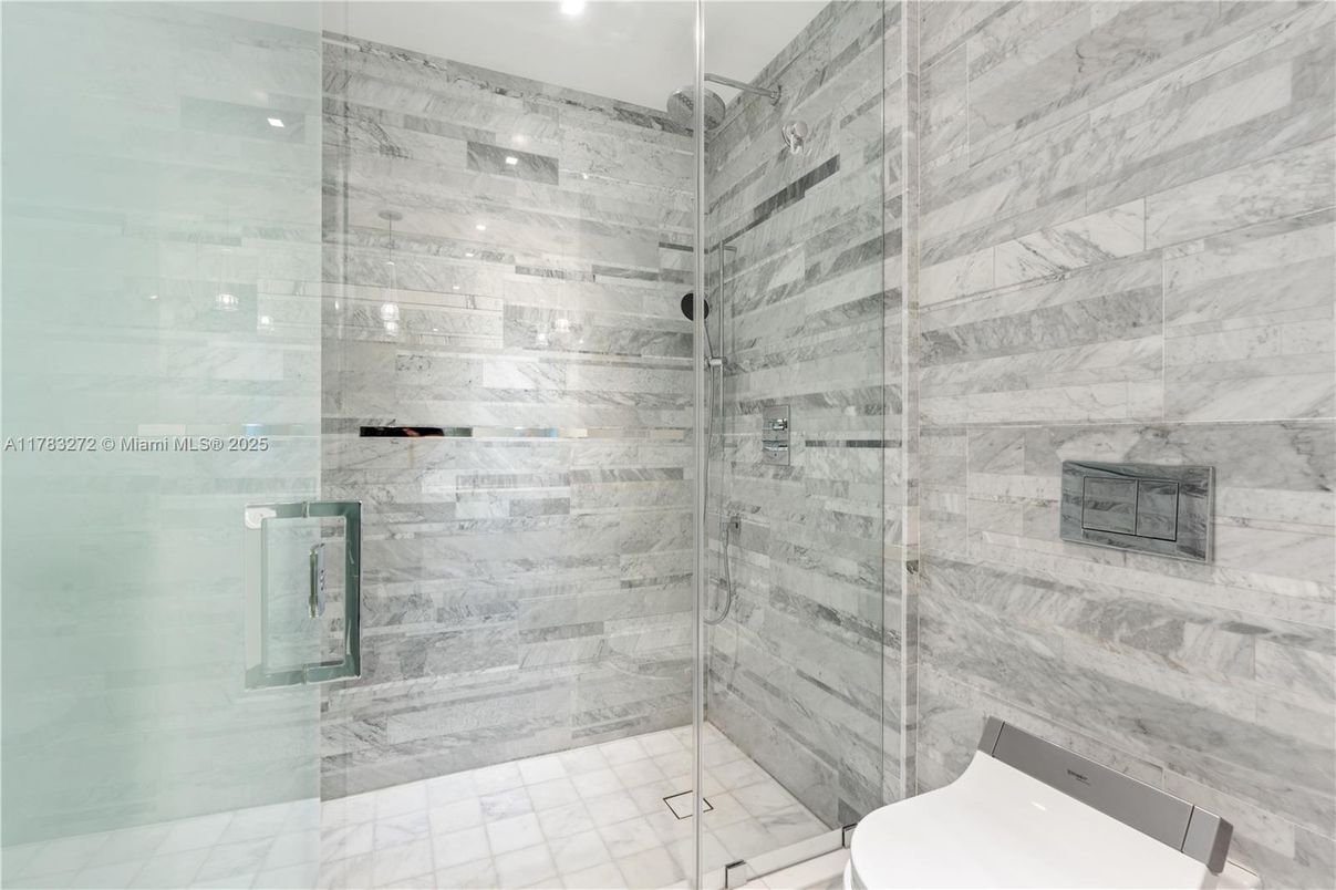 Bathroom, Glass Shower, Interior, Marble Walls, Recessed Lighting