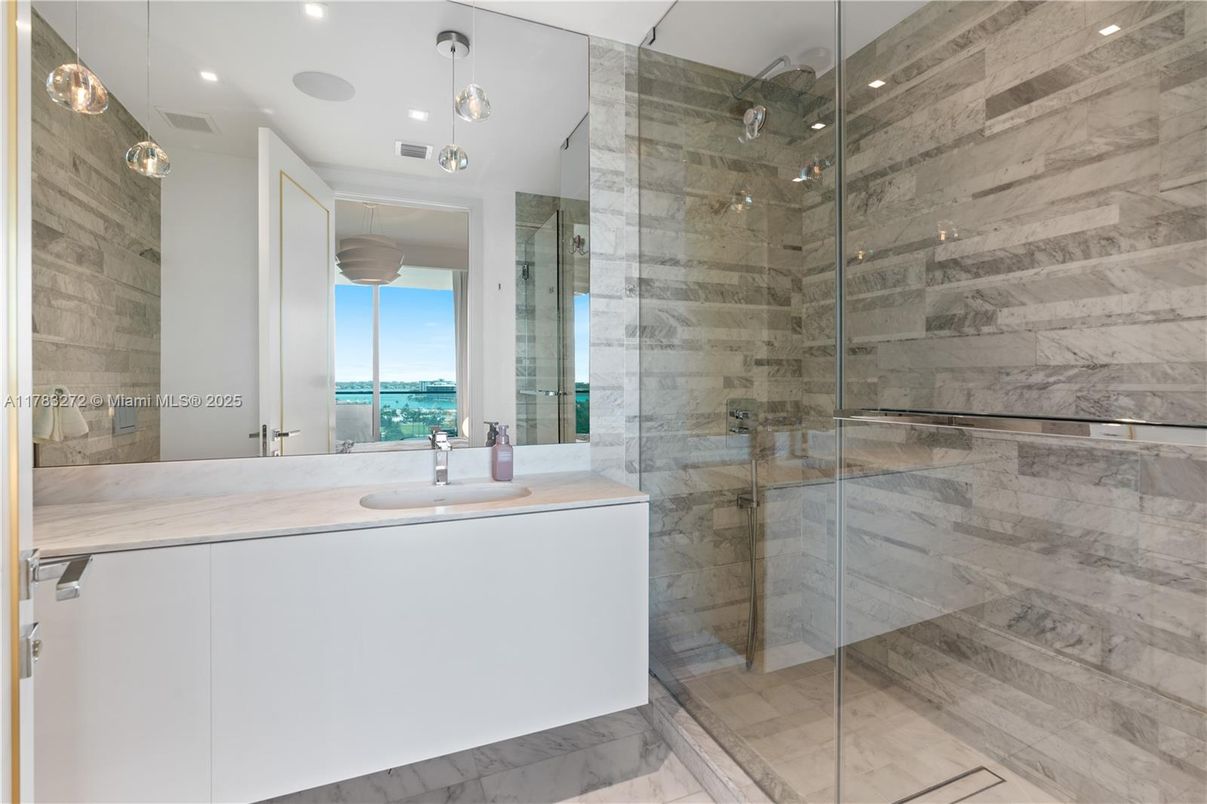 Bathroom, Glass Shower, Interior, Marble, Marble Walls, Pendant Lights, Recessed Lighting