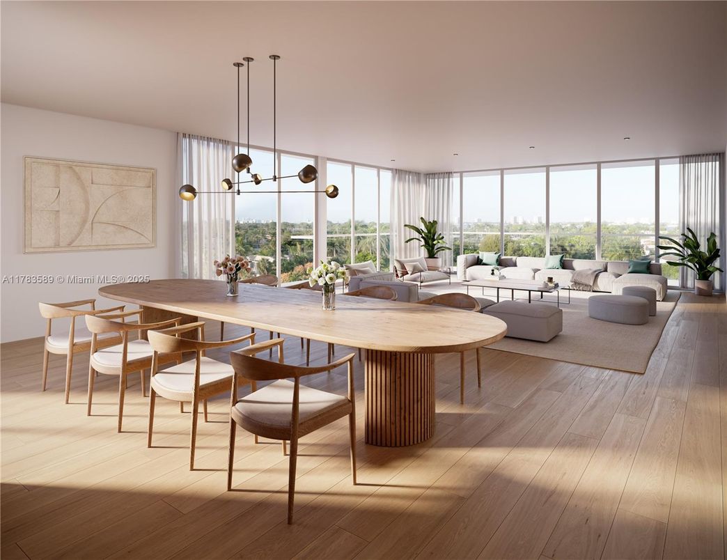 Dining room, Interior, Living room, Pendant Lights, Recessed Lighting, Wood Texture Flooring