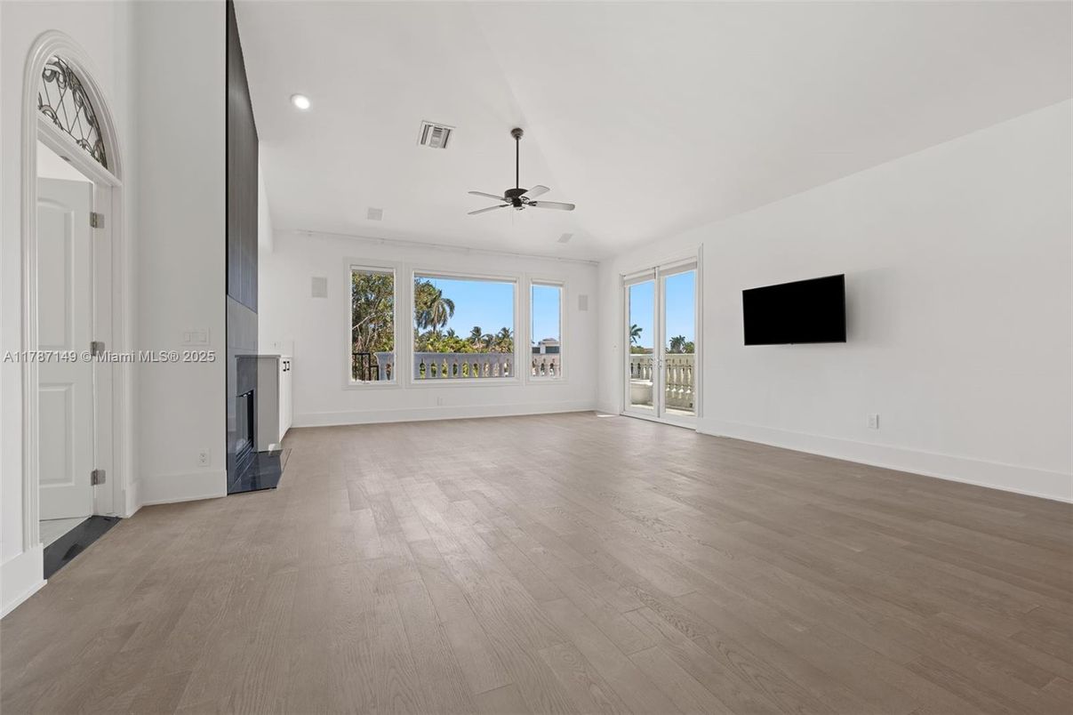 Empty room, Fireplace, Interior, Recessed Lighting, Wood Texture Flooring