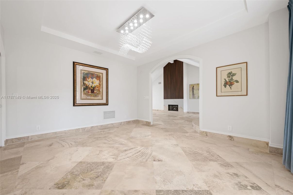 Chandelier, Empty room, Fireplace, Interior