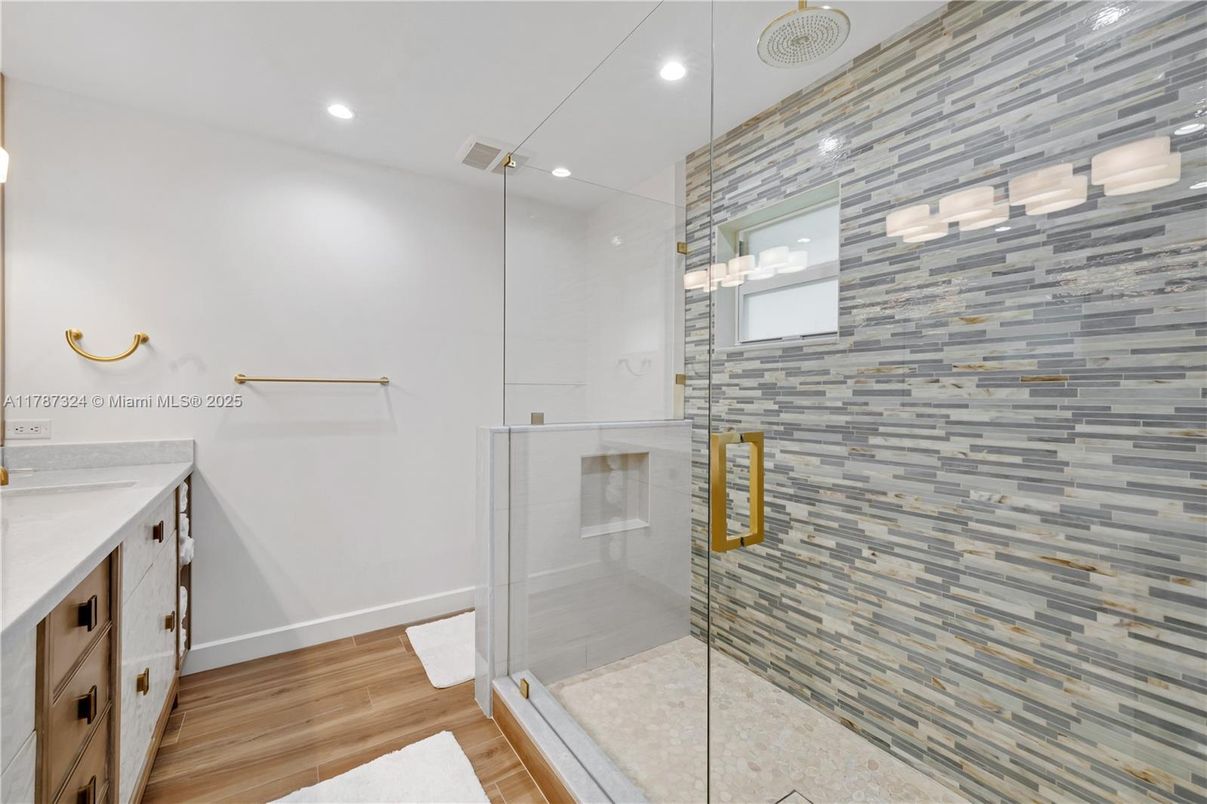 Bathroom, Glass Shower, Interior, Recessed Lighting, Wood Texture Flooring