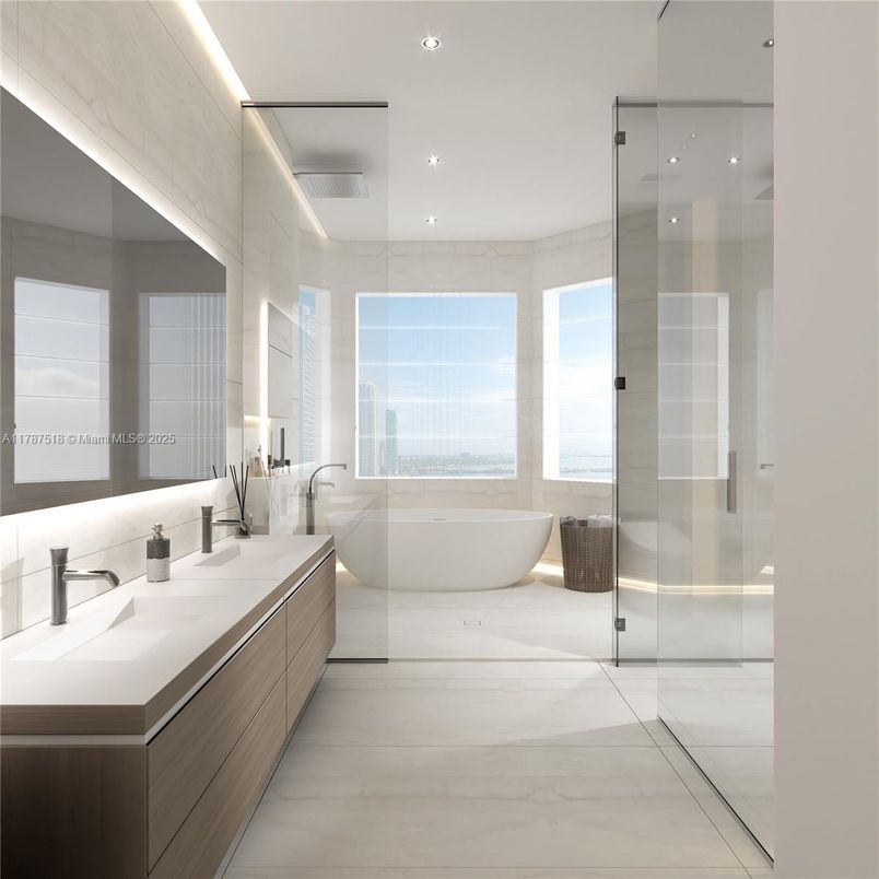 Bathroom, Dual Sink Vanities, Free Standing Baths, Glass Shower, Interior, Marble, Recessed Lighting
