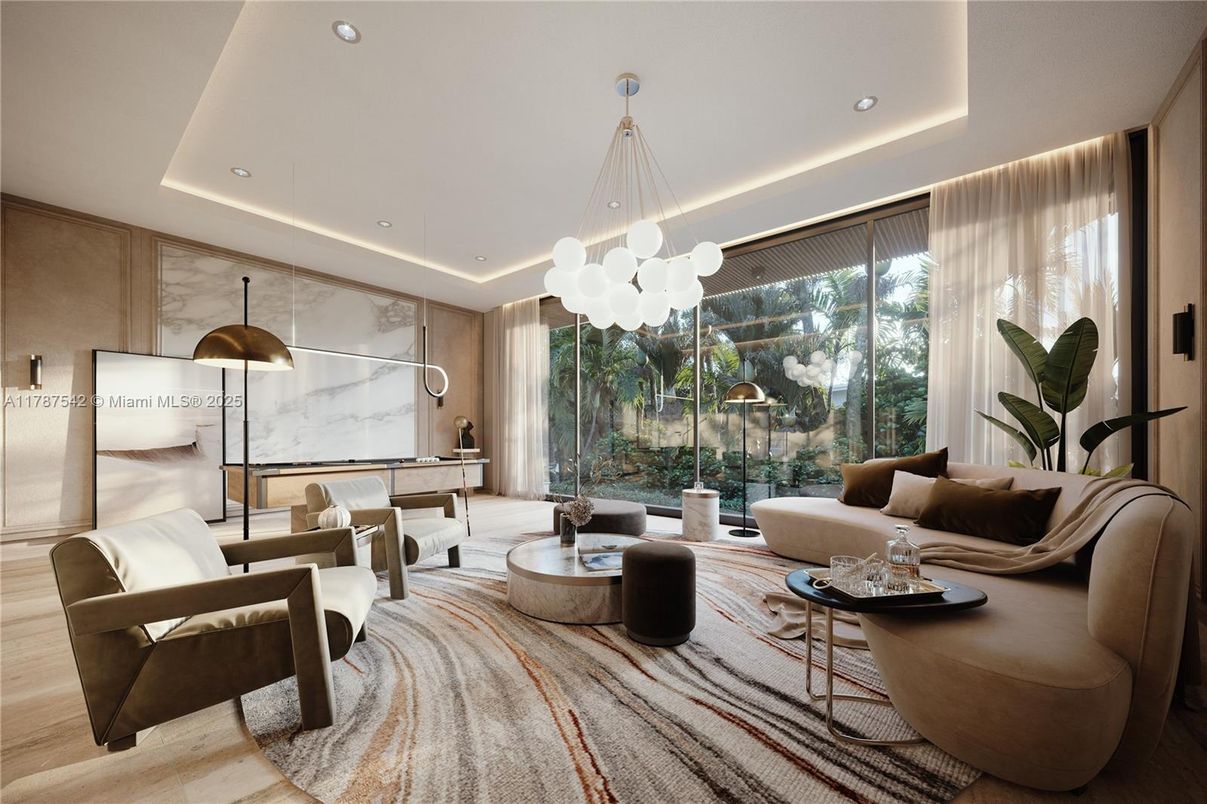Interior, Living room, Marble Walls, Pendant Lights, Recessed Lighting, Wood Texture Flooring