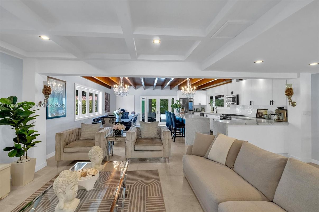 Chandelier, Dining room, Interior, Kitchen, Living room, Recessed Lighting, Stainless Steel Appliances