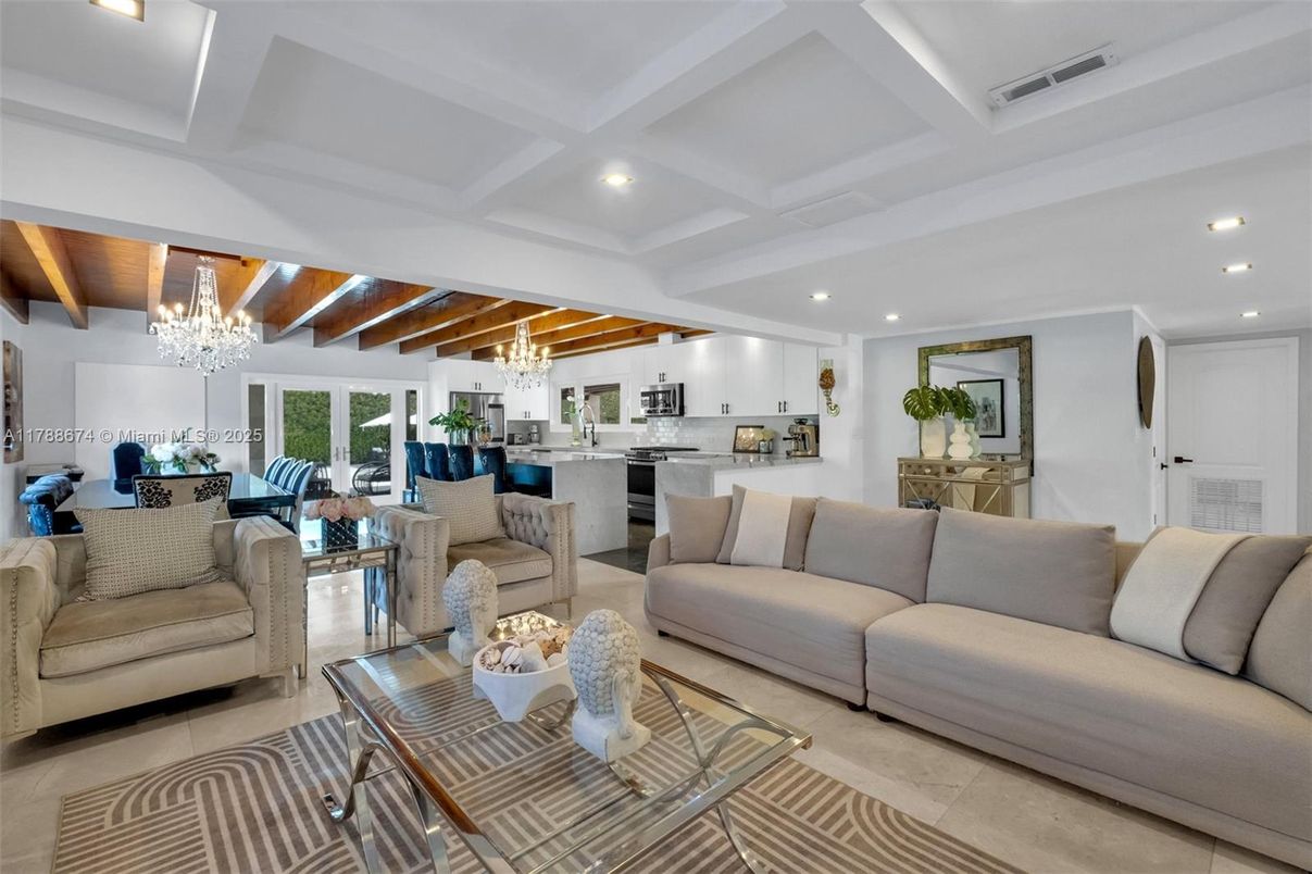 Chandelier, Dining room, Interior, Kitchen, Living room, Recessed Lighting, Stainless Steel Appliances, Wooden Beams, Wooden Ceilings